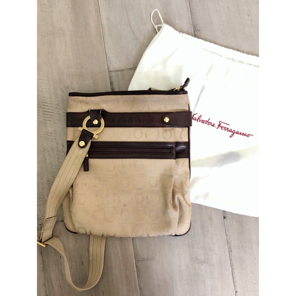 Ferragamo canvas and leather trim crossbody